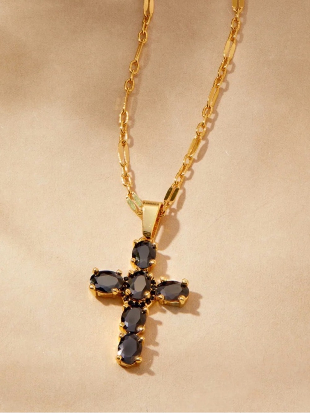 Gold Noir Cross Necklace with Black Crystals